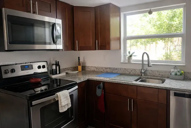 a kitchen with a sink stove and microwave
