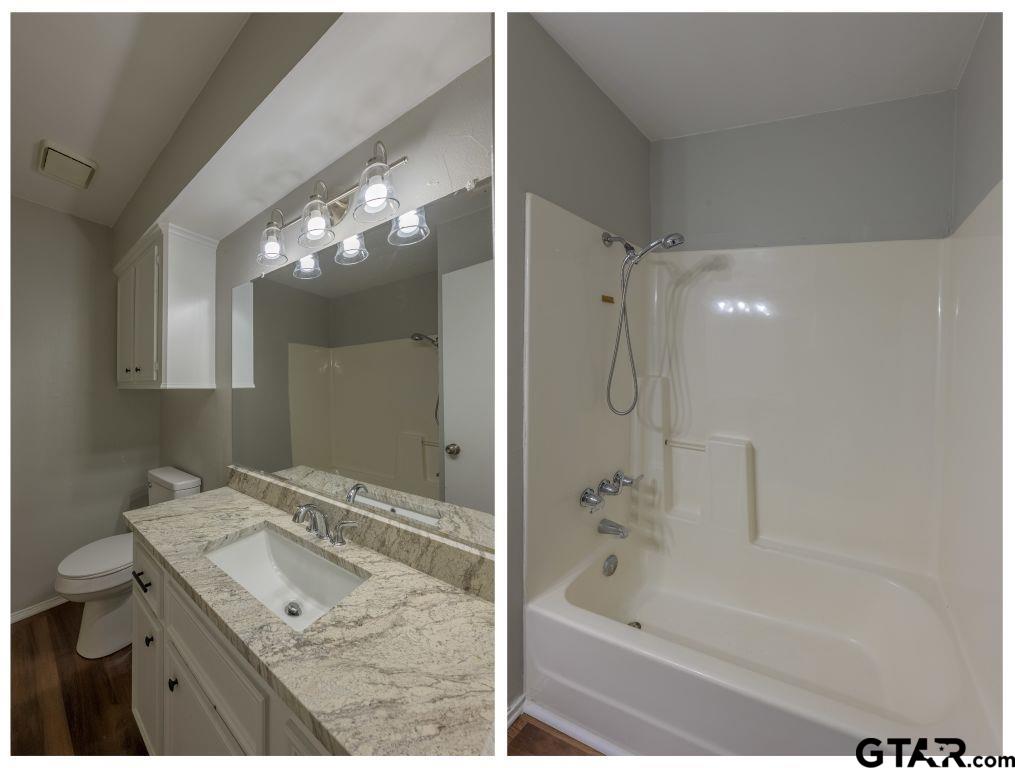 14212 Arber Street Flint, TX 75762 - Photo 22 of 38 a bathroom with a granite countertop sink a toilet and shower