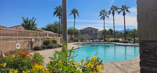 a view of a swimming pool with a garden and a patio