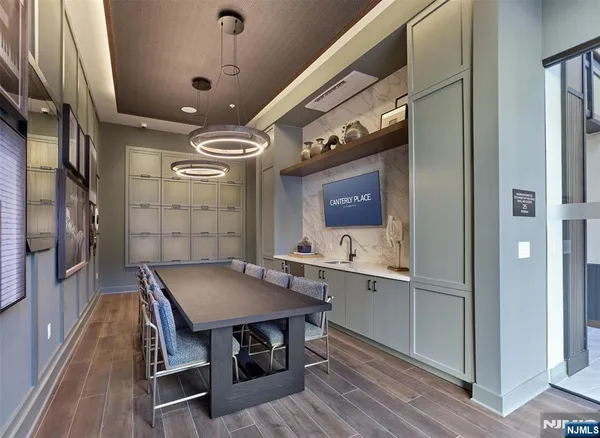 a view of a dining room with furniture