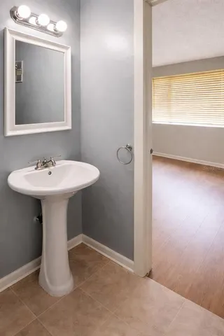 a bathroom with a sink and a mirror