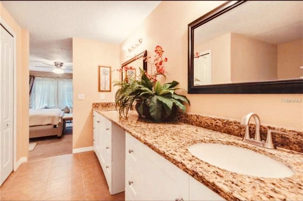 6850 Spring Rain Drive Orlando, FL 32819 - Photo 20 of 35 a en suite bathroom with a granite countertop sink and a mirror