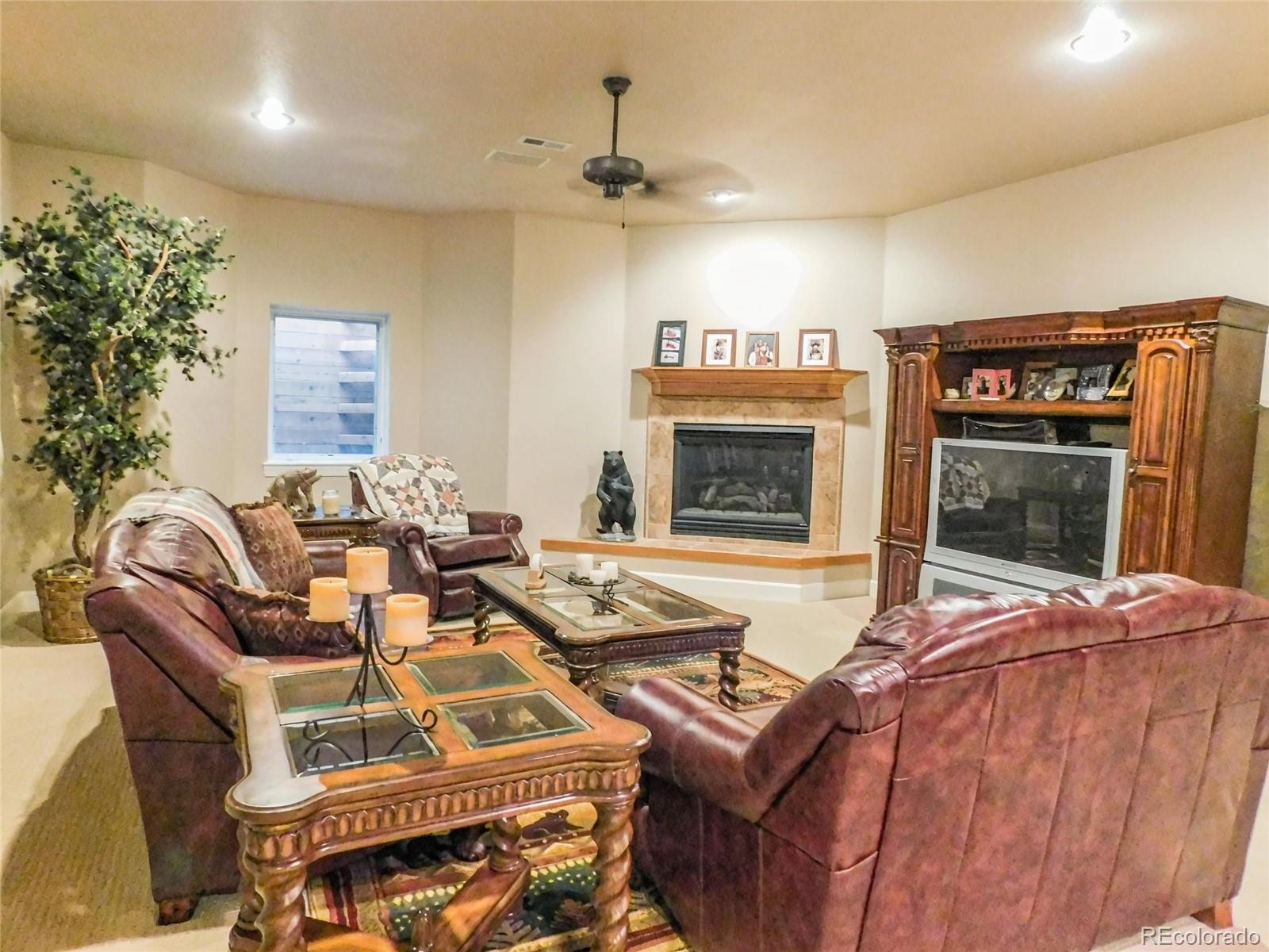 4351 Little Burnt Mill Road Pueblo, CO 81004 - Photo 20 of 45 a living room with furniture a fireplace and a flat screen tv