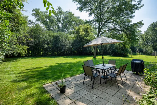 a view of a chair and table in the garden