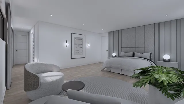 a bedroom with a bed and a couch