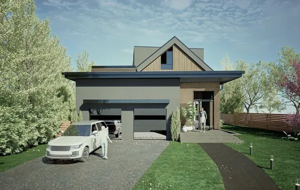 a front view of a house with a garden and plants