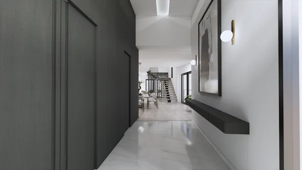 a view of a hallway with wooden floor