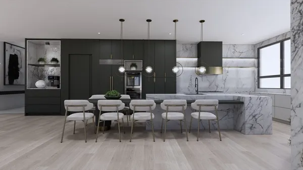 a dining room with furniture and wooden floor