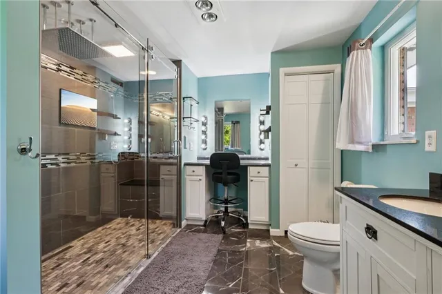 a bathroom with a sink a toilet and shower