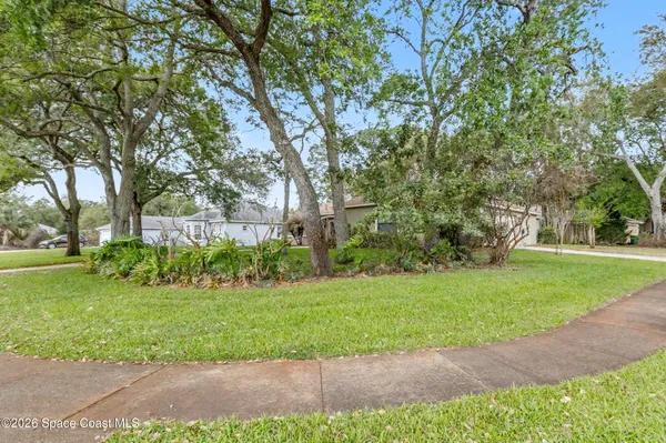 a view of a garden with trees