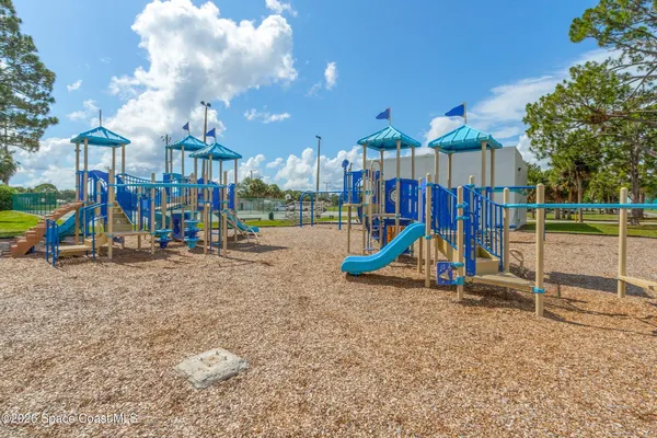 a view of a park with slide