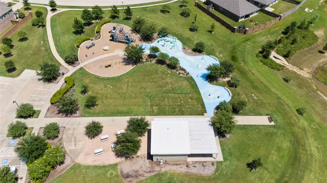 an aerial view of a swimming pool