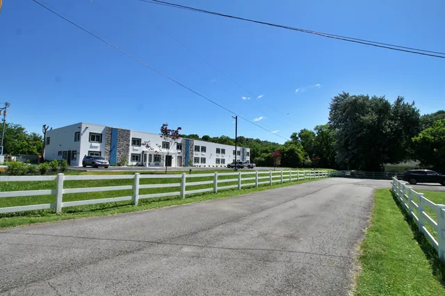 a green field with lots of trees in the background