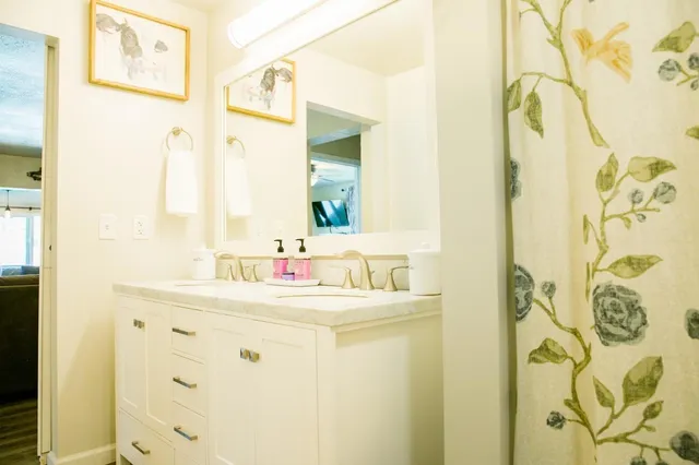 a bathroom with a sink vanity and a mirror