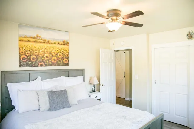 a bedroom with a bed and a chandelier