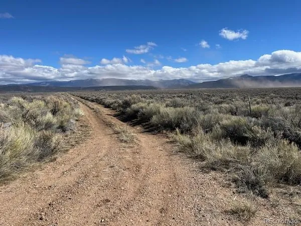 a view of a dry yard with mountains in the background