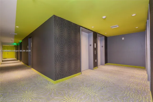 a view of a wooden door with a palm trees in the background