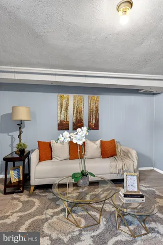 a living room with furniture and a lamp