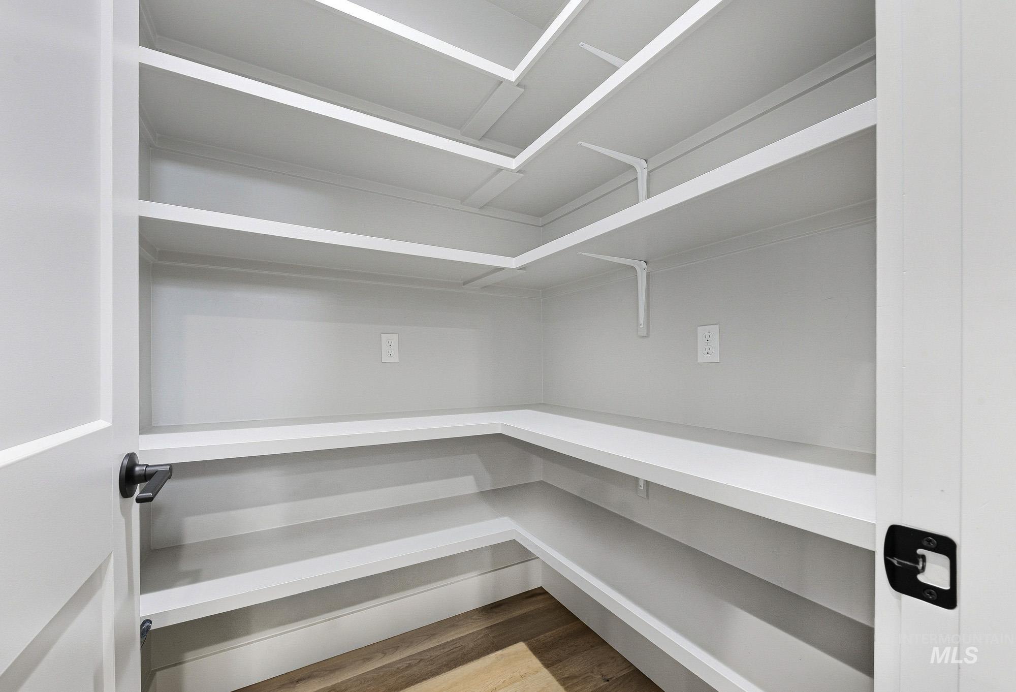 5676 East Zaffre Ridge Street Boise, ID 83716 - Photo 16 of 50 Walk-in pantry featuring white shelving, light gray walls, wood-finish flooring, and a white interior door with matte black hardware