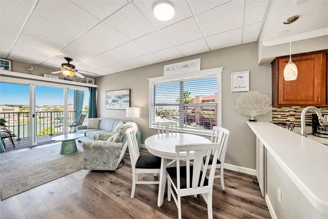a view of a dining room with furniture