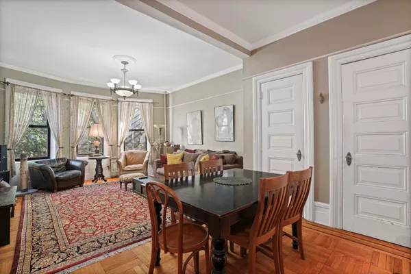 a view of a dining room with furniture