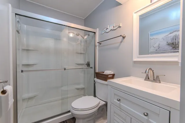 a bathroom with a shower a toilet and a sink