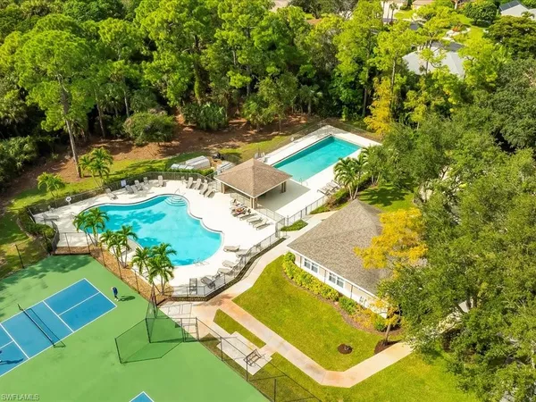 a view of a swimming pool with lawn chairs and plants