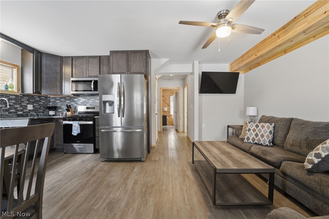 5919 Lake Road West, Unit 33 Ashtabula, OH 44004 - Photo 9 of 22 Kitchen featuring stainless steel appliances, dark wood finish cabinetry, light wood-type flooring, backsplash, and a ceiling fan