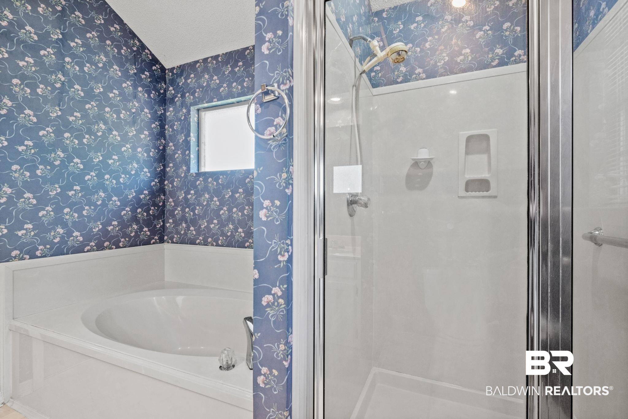 1340 Wellsley Court Mobile, AL 36695 - Photo 32 of 37 Full bathroom featuring wallpapered walls, a stall shower, and a garden tub