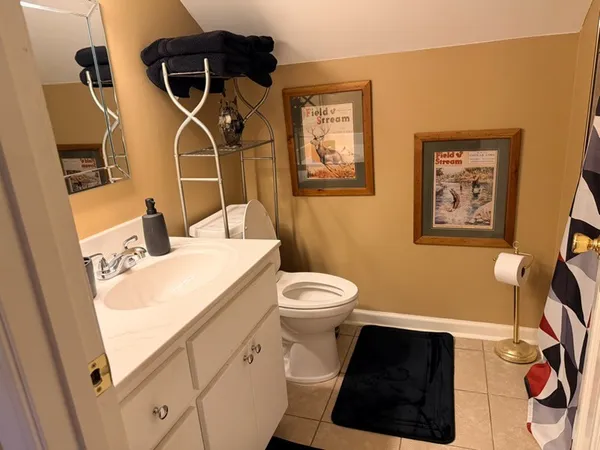a bathroom with a toilet sink and mirror