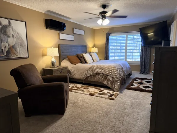 a bedroom with furniture and a window