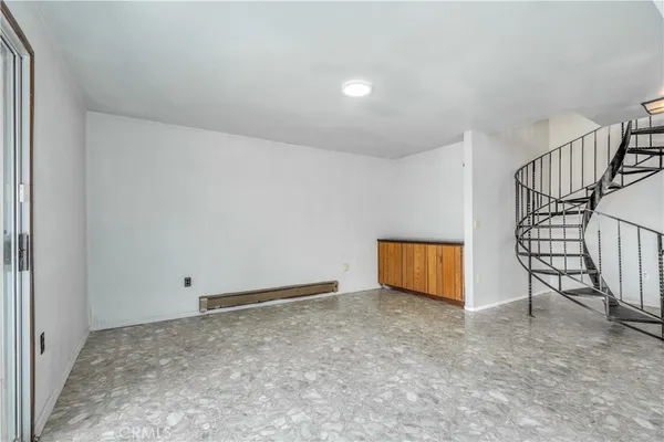 a view of a yard with plants and a large tree