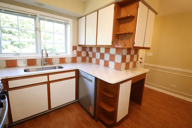 a kitchen with a sink a window and cabinets