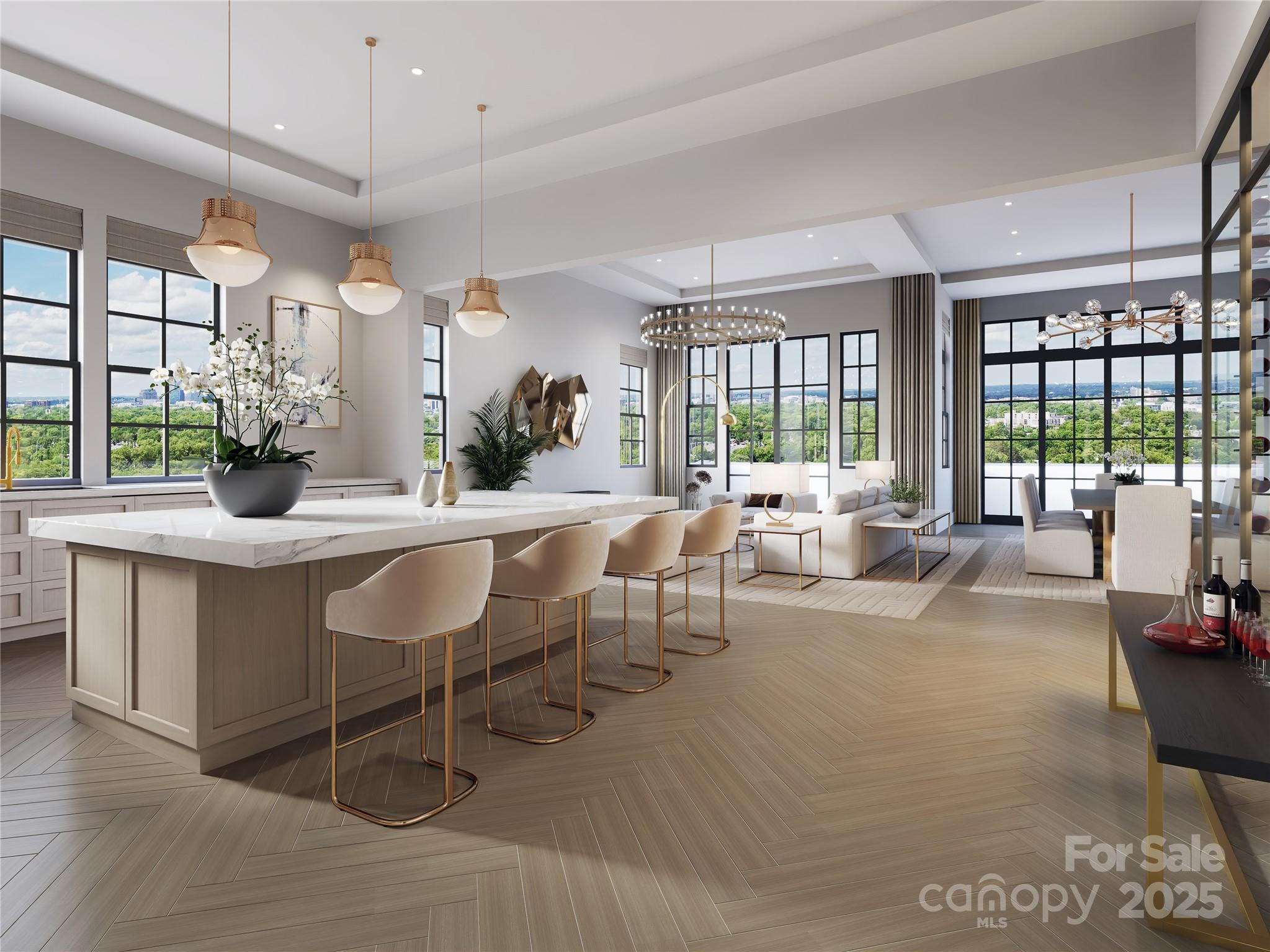 409 Queens Road, Unit 304 Charlotte, NC 28207 - Photo 5 of 7 a living room with furniture a chandelier and a floor to ceiling window
