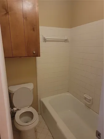 a bathroom with a toilet and bathtub
