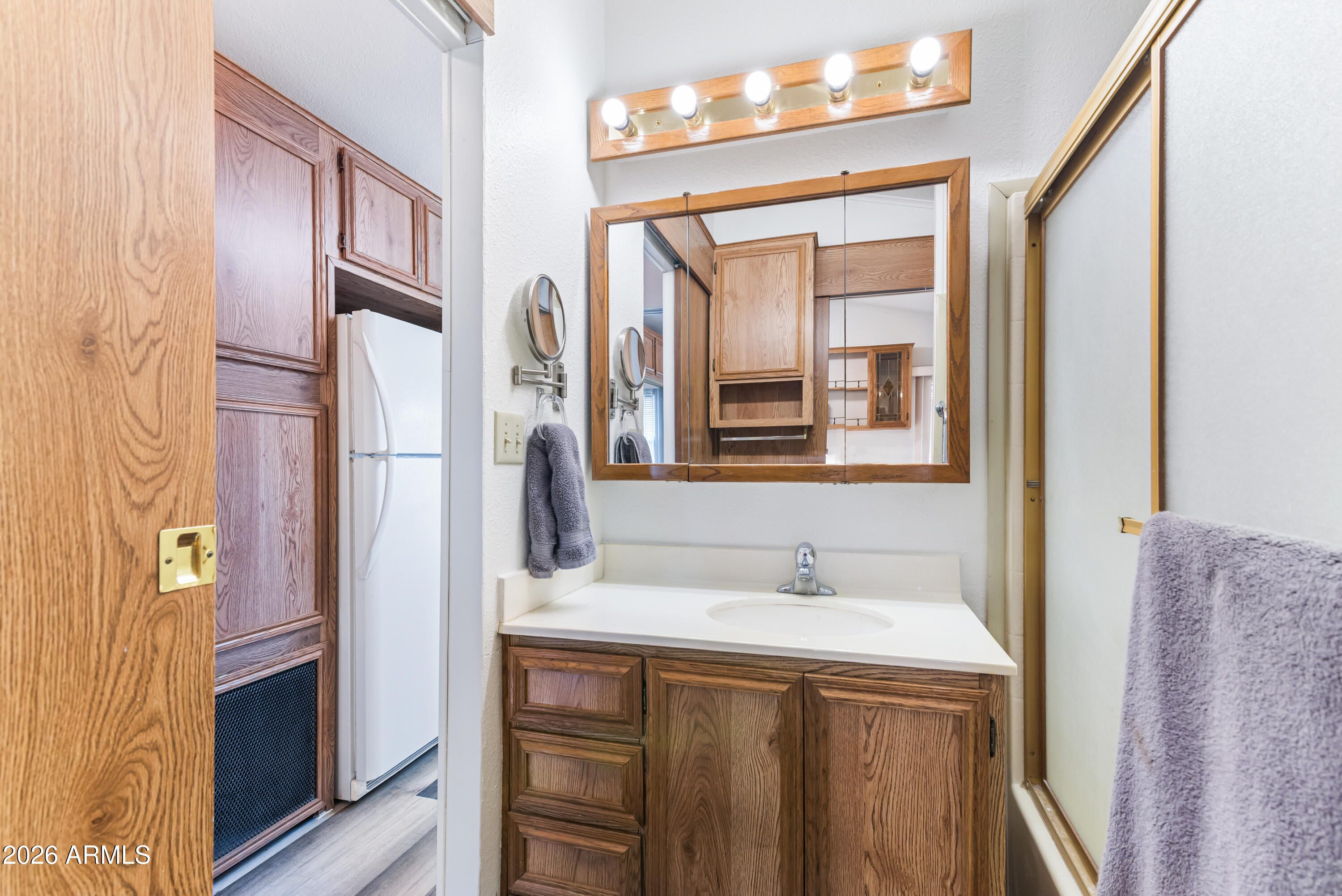 111 South Greenfield Road, Unit 547 Mesa, AZ 85206 - Photo 18 of 38 a bathroom with a sink a mirror and a shower