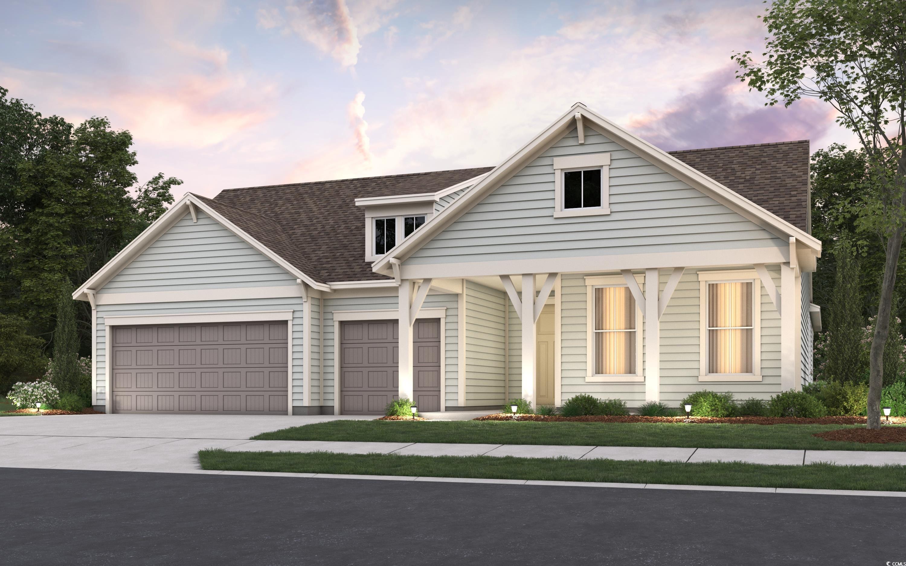 View of front of house with a porch, roof with shingles, driveway, and an attached garage