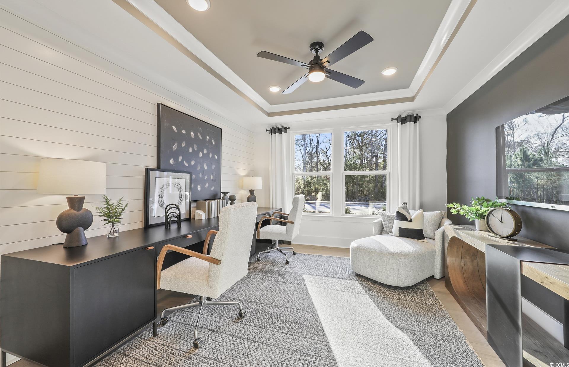 1514 Winding Crk Way Myrtle Beach, SC 29588 - Photo 4 of 20 Office space featuring wood walls, ceiling fan, light wood-style flooring, a raised ceiling, and recessed lighting