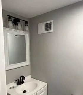 a bathroom with a sink and a mirror