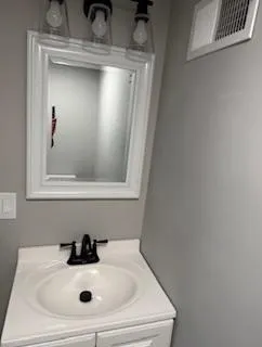 a bathroom with a sink and mirror