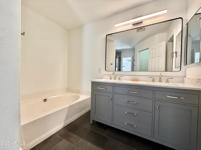 a bathroom with a tub a double vanity sink and mirror