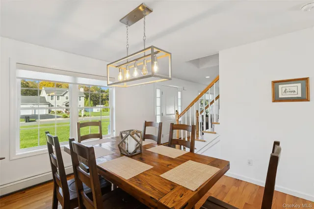 a view of a dining room with furniture window and wooden floor