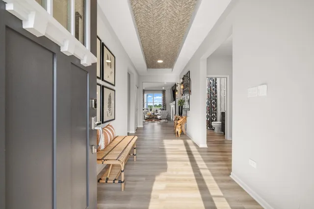 a view of a hallway with furniture