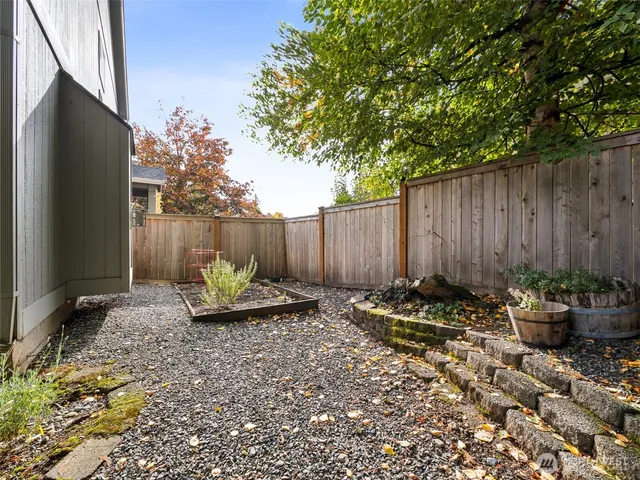 a backyard of a house with table and chairs