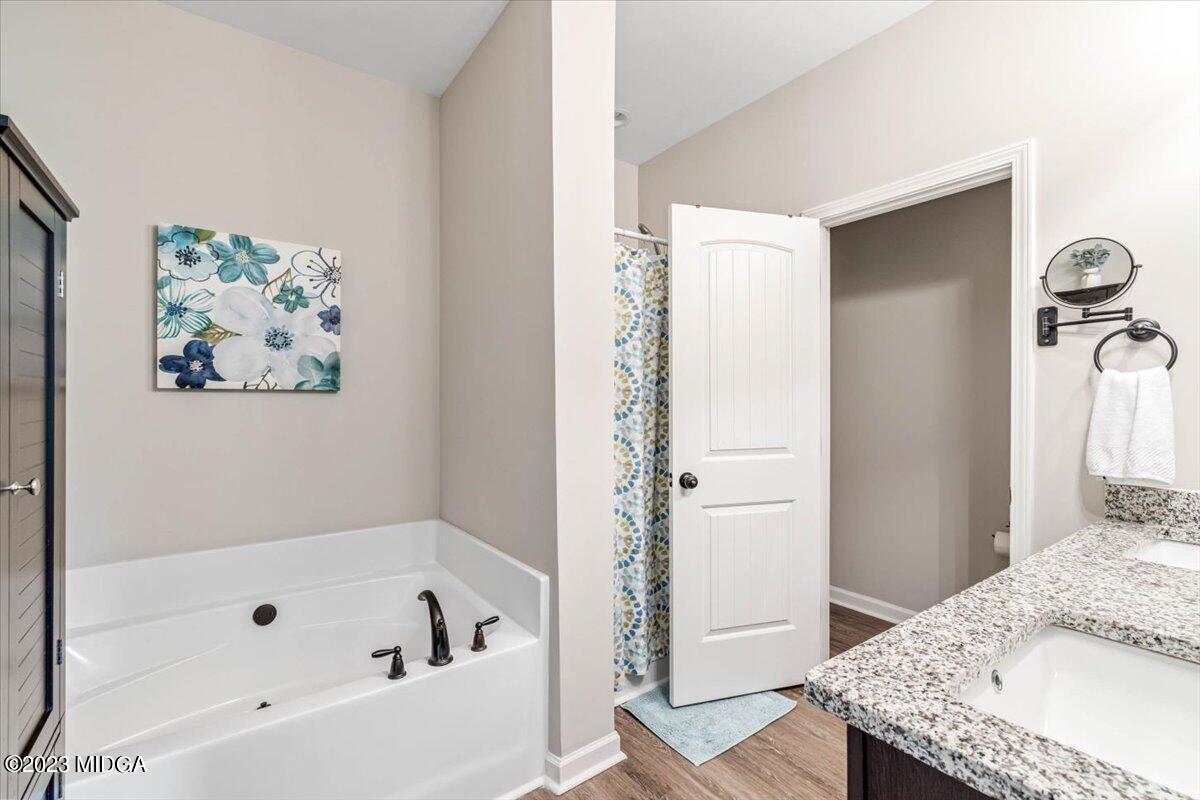 249 Davis Road Gray, GA 31032 - Photo 14 of 53 a bathroom with a granite countertop tub a sink and a shower