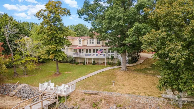 a view of a water with a building in the background