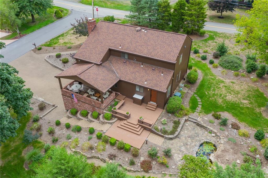 421 Center Church Road McMurray, PA 15317 - Photo 25 of 25 AERIAL VIEW - View of the property from above with the many plantings and outdoor patio/deck space. New roof and siding adds to the beauty of this property.