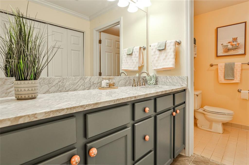 214 Ridley Howard Court Decatur, GA 30030 - Photo 18 of 28 a bathroom with a granite countertop sink a toilet and a mirror