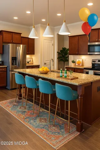 a kitchen with stainless steel appliances granite countertop a table chairs sink and cabinets
