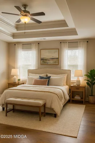 a spacious bedroom with a bed and a chandelier